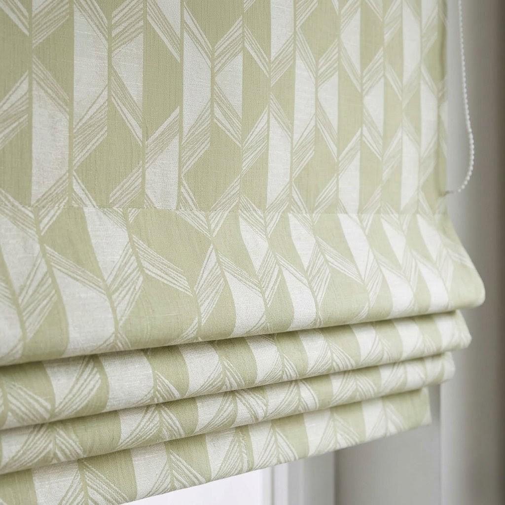 Pistachio Green & Ivory Linen Roman Shade, Geometric Jacquard, Custom Blackout or Light Filtering Window Blind — image 1