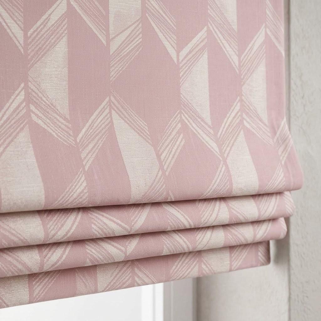 Blush Pink & Ivory Linen Roman Shade, Geometric Jacquard, Custom Blackout or Light Filtering Window Blind — image 1