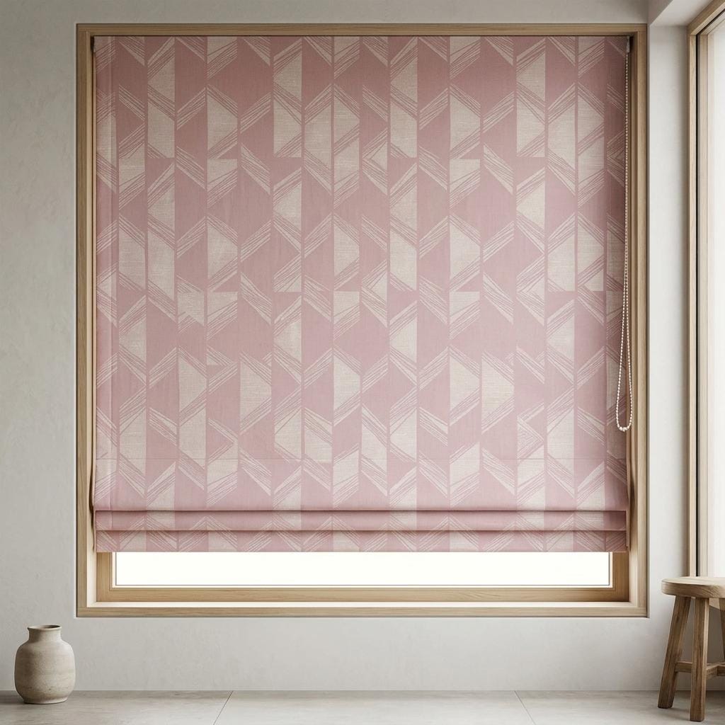 Blush Pink & Ivory Linen Roman Shade, Geometric Jacquard, Custom Blackout or Light Filtering Window Blind — image 4