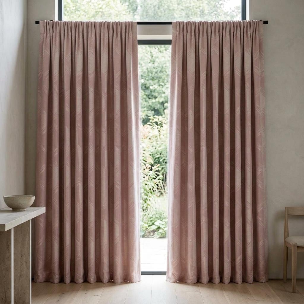 Blush Pink & Ivory Pure Linen Jacquard Curtains, Art Deco Geometric Chevron Drapes, Custom Extra Long Blackout Panels — image 5
