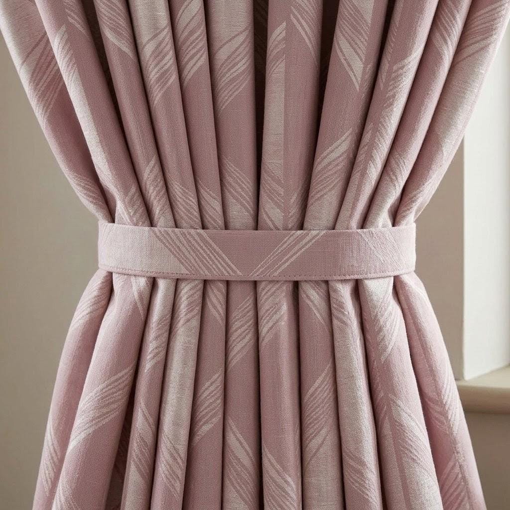 Blush Pink & Ivory Pure Linen Jacquard Curtains, Art Deco Geometric Chevron Drapes, Custom Extra Long Blackout Panels — image 4