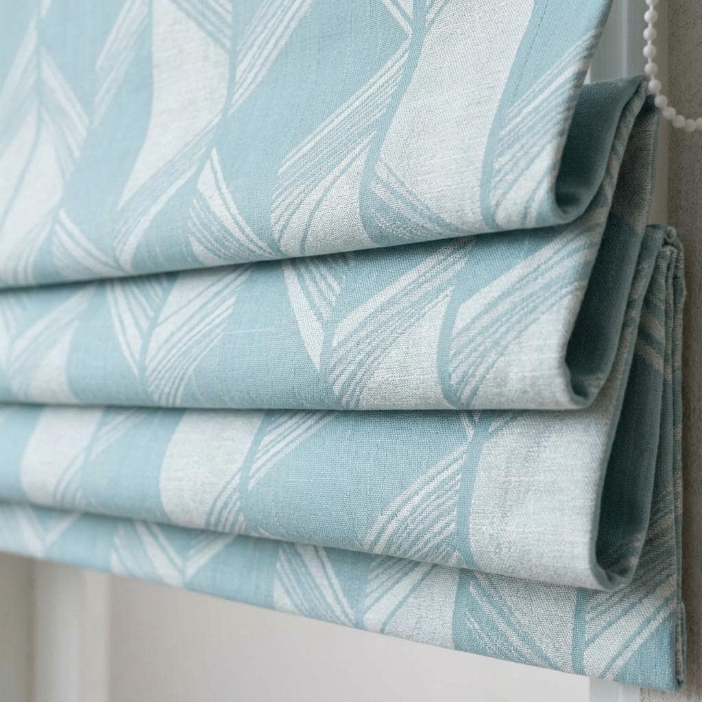 Powder Blue & Ivory Linen Roman Shade, Geometric Jacquard, Custom Blackout or Light Filtering Window Blind — image 3