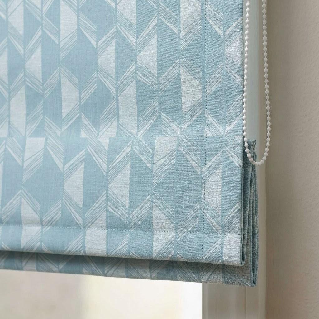 Powder Blue & Ivory Linen Roman Shade, Geometric Jacquard, Custom Blackout or Light Filtering Window Blind — image 5