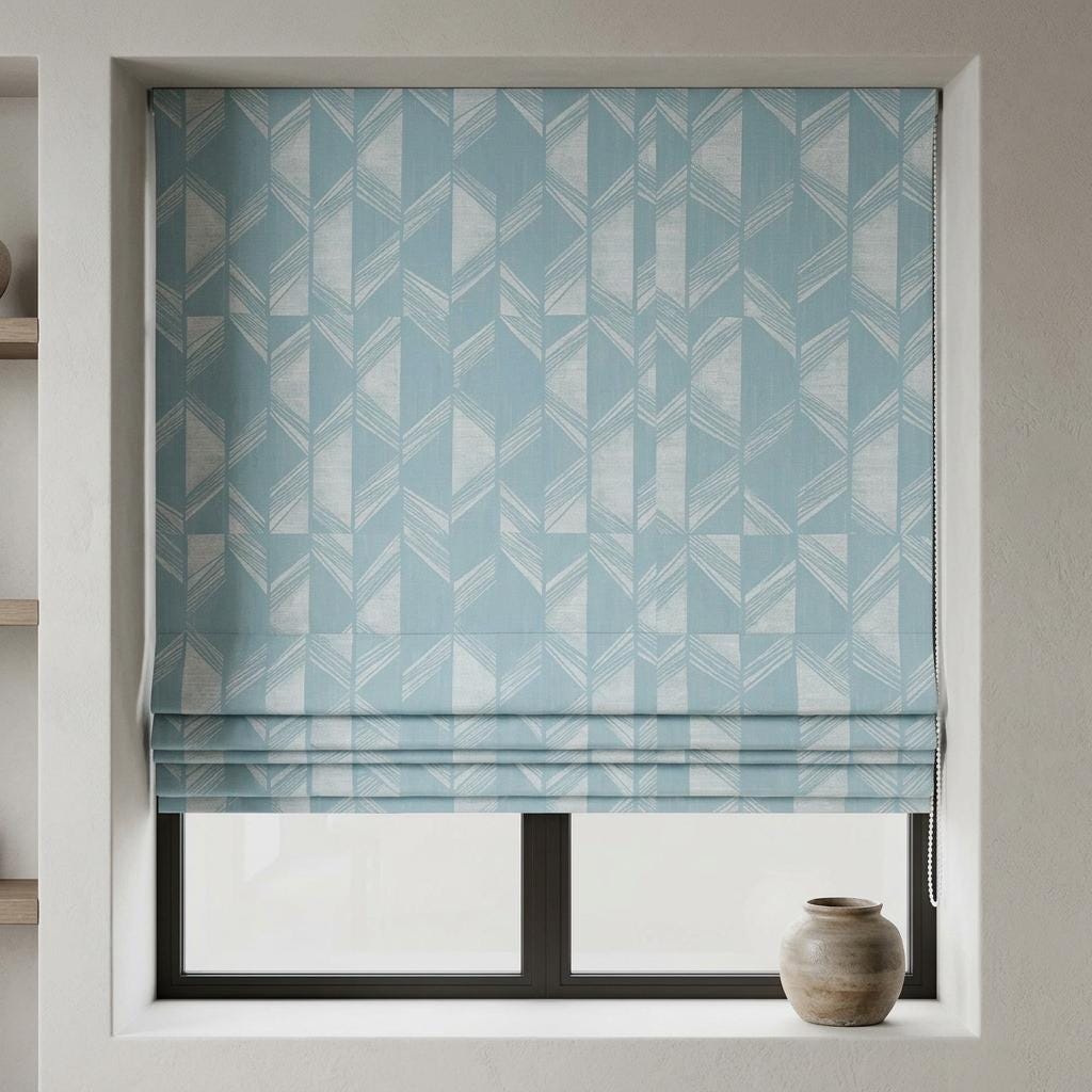 Powder Blue & Ivory Linen Roman Shade, Geometric Jacquard, Custom Blackout or Light Filtering Window Blind — image 6