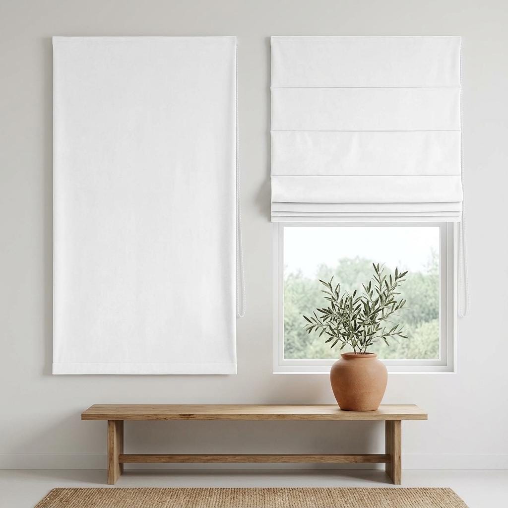 Pure White Matte Velvet Roman Shade, Custom Corded Window Blind, Blackout or Light Filtering — image 1
