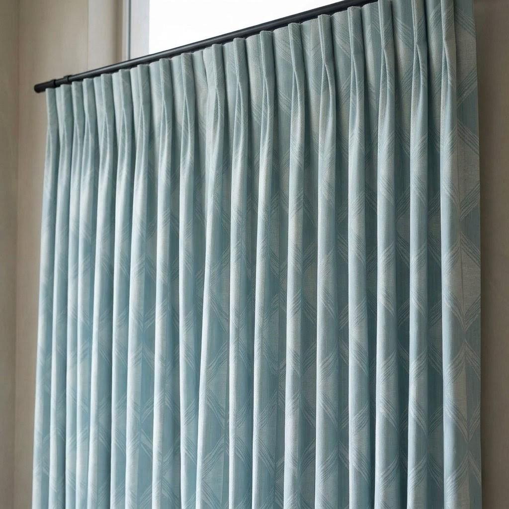 Powder Blue & Ivory Pure Linen Jacquard Curtains, Art Deco Geometric Drapes, Custom Extra Long Blackout Panels — image 4