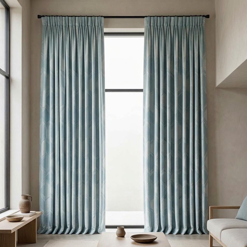 Powder Blue & Ivory Pure Linen Jacquard Curtains, Art Deco Geometric Drapes, Custom Extra Long Blackout Panels — image 5