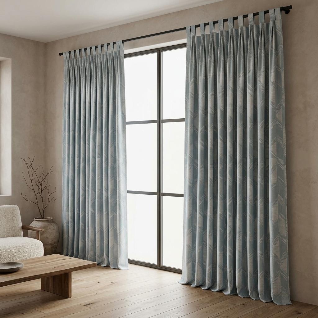 Powder Blue & Ivory Pure Linen Jacquard Curtains, Art Deco Geometric Drapes, Custom Extra Long Blackout Panels — image 10