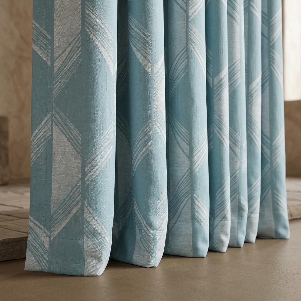 Powder Blue & Ivory Pure Linen Jacquard Curtains, Art Deco Geometric Drapes, Custom Extra Long Blackout Panels — image 3