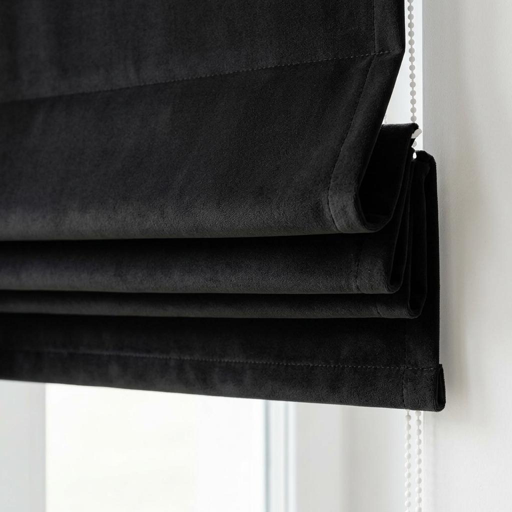 Solid Black Matte Velvet Roman Shade, Custom Corded Window Blind, Blackout or Light Filtering — image 1