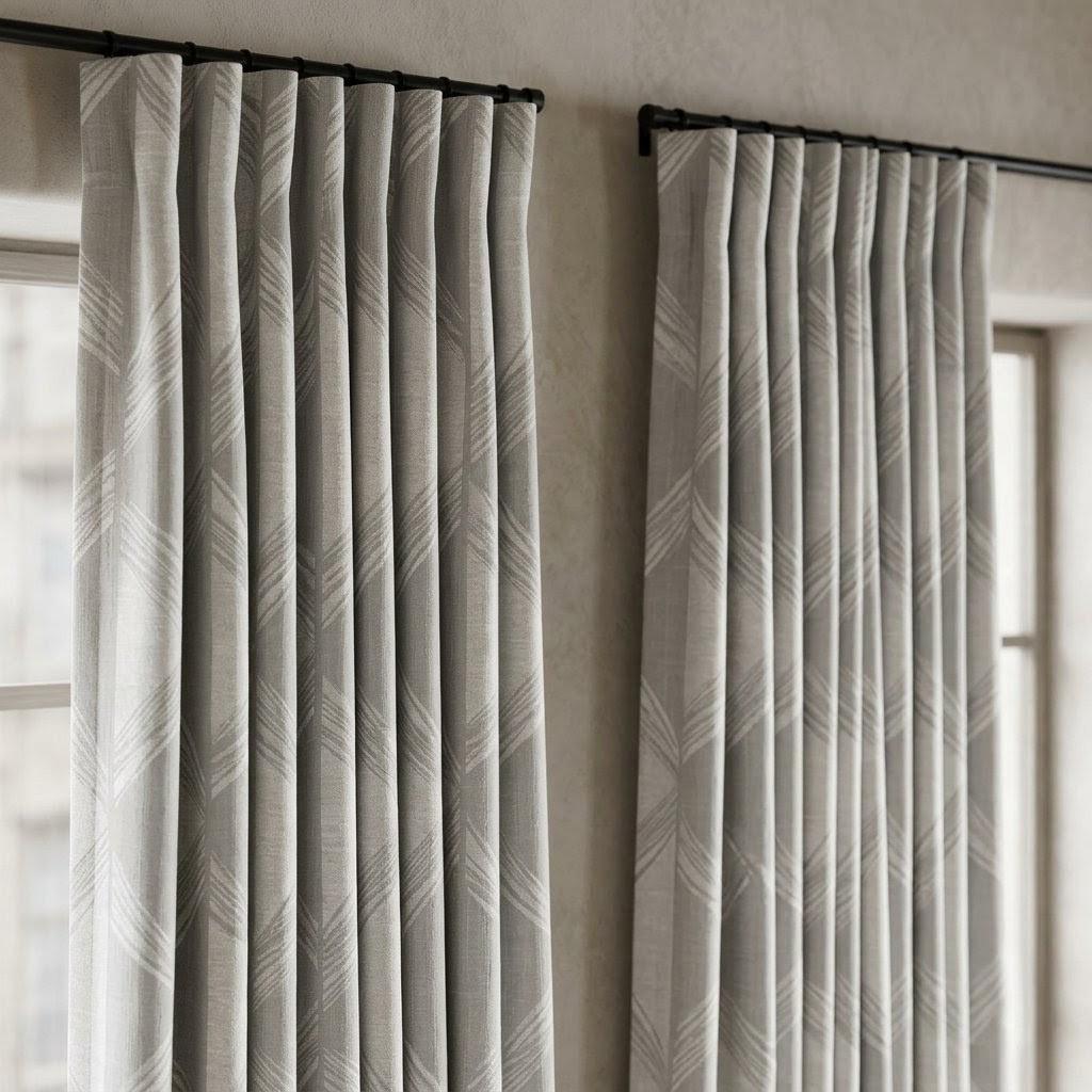 Silver Grey & Pearl White Pure Linen Jacquard Curtains, Art Deco Geometric Chevron Drapes, Custom Extra Long Blackout Panels — image 8