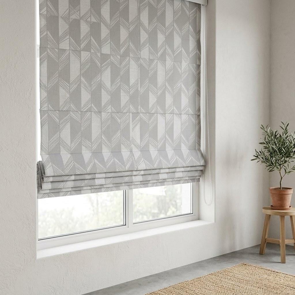 Pearl Gray & White Linen Roman Shade, Geometric Jacquard, Custom Blackout or Light Filtering Window Blind — image 1