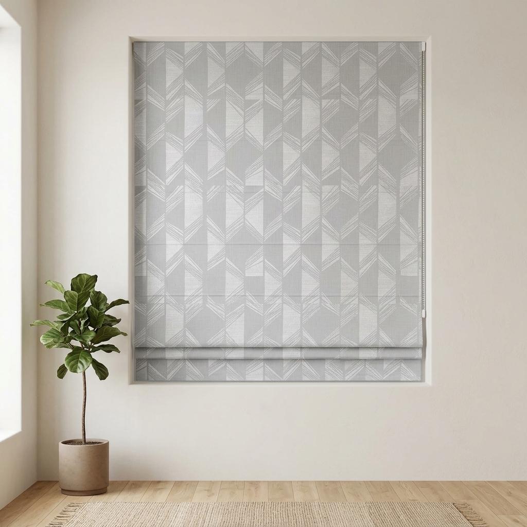 Pearl Gray & White Linen Roman Shade, Geometric Jacquard, Custom Blackout or Light Filtering Window Blind — image 6