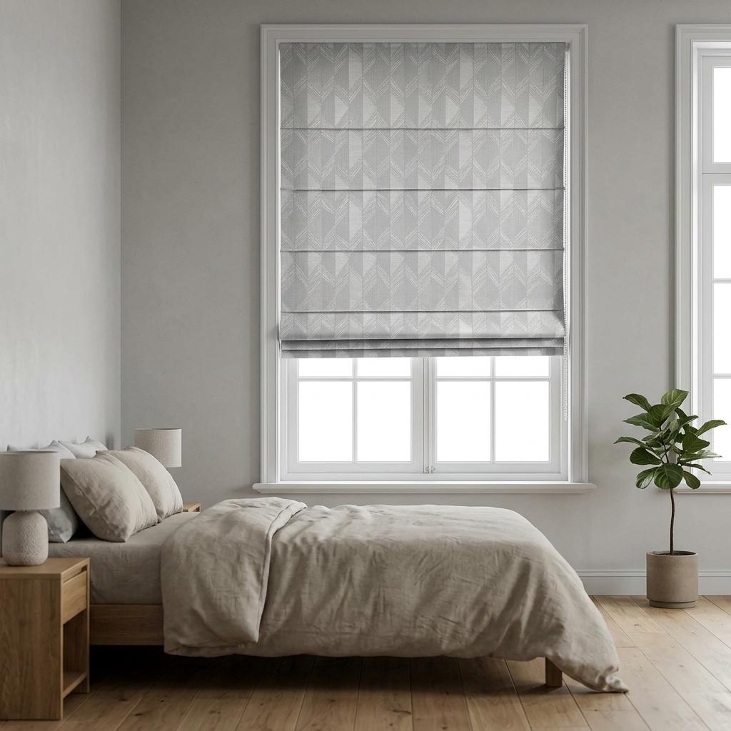 Pearl Gray & White Linen Roman Shade, Geometric Jacquard, Custom Blackout or Light Filtering Window Blind — image 8