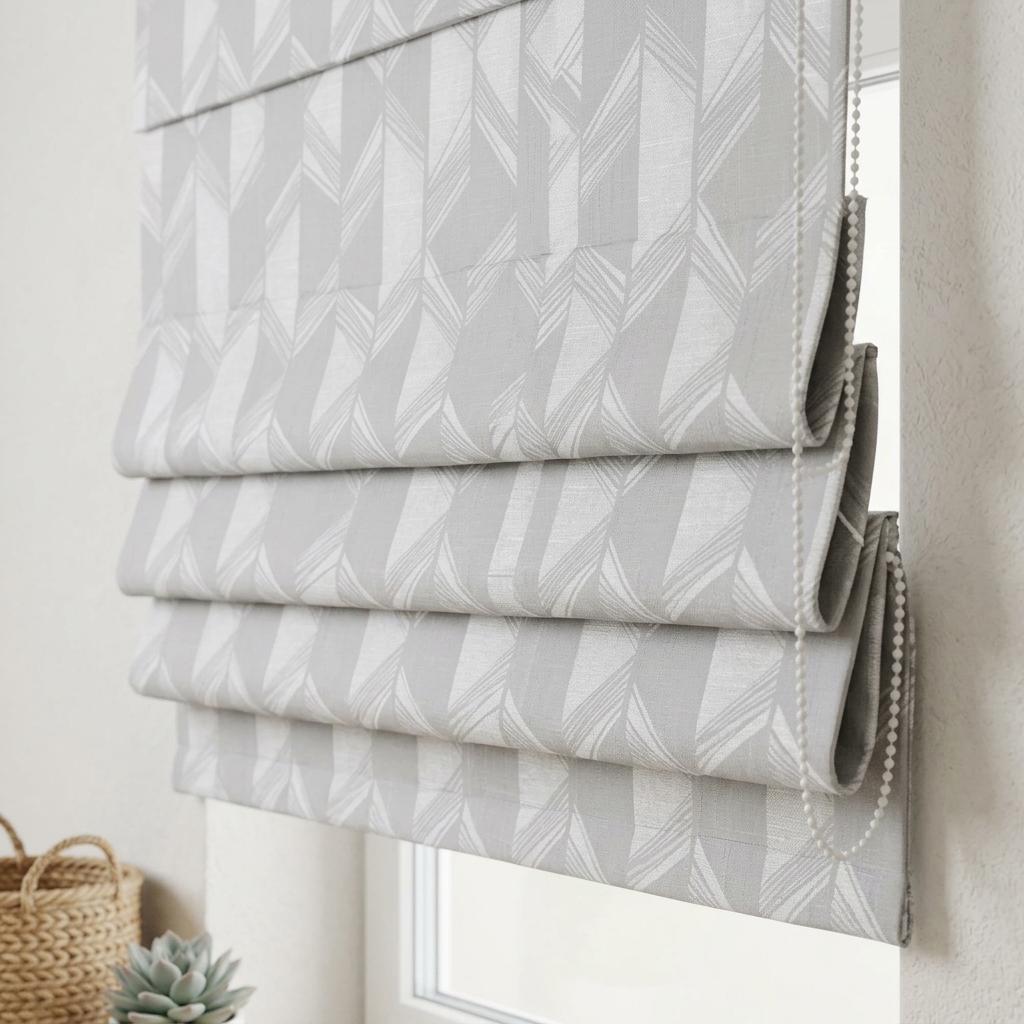 Pearl Gray & White Linen Roman Shade, Geometric Jacquard, Custom Blackout or Light Filtering Window Blind — image 9