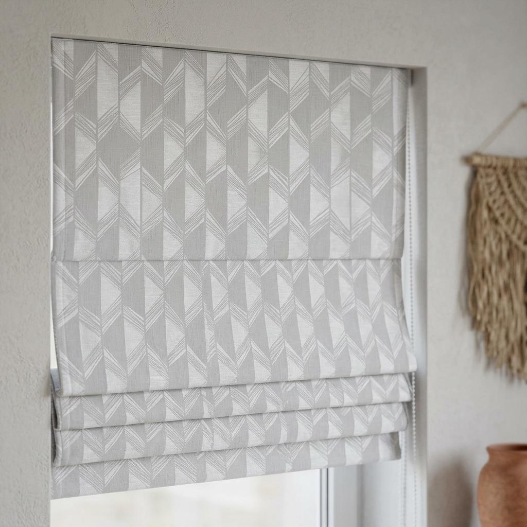 Pearl Gray & White Linen Roman Shade, Geometric Jacquard, Custom Blackout or Light Filtering Window Blind — image 5
