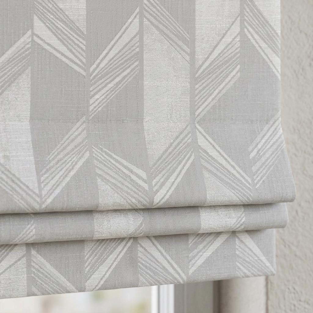 Pearl Gray & White Linen Roman Shade, Geometric Jacquard, Custom Blackout or Light Filtering Window Blind — image 1