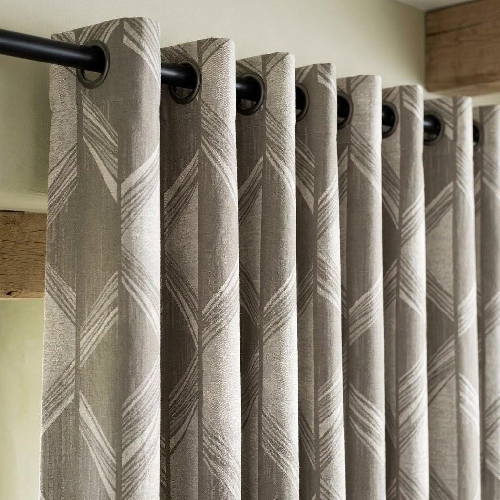 Warm Taupe & Ivory Pure Linen Jacquard Curtains, Art Deco Geometric Chevron Drapes, Custom Extra Long Blackout Panels — image 8