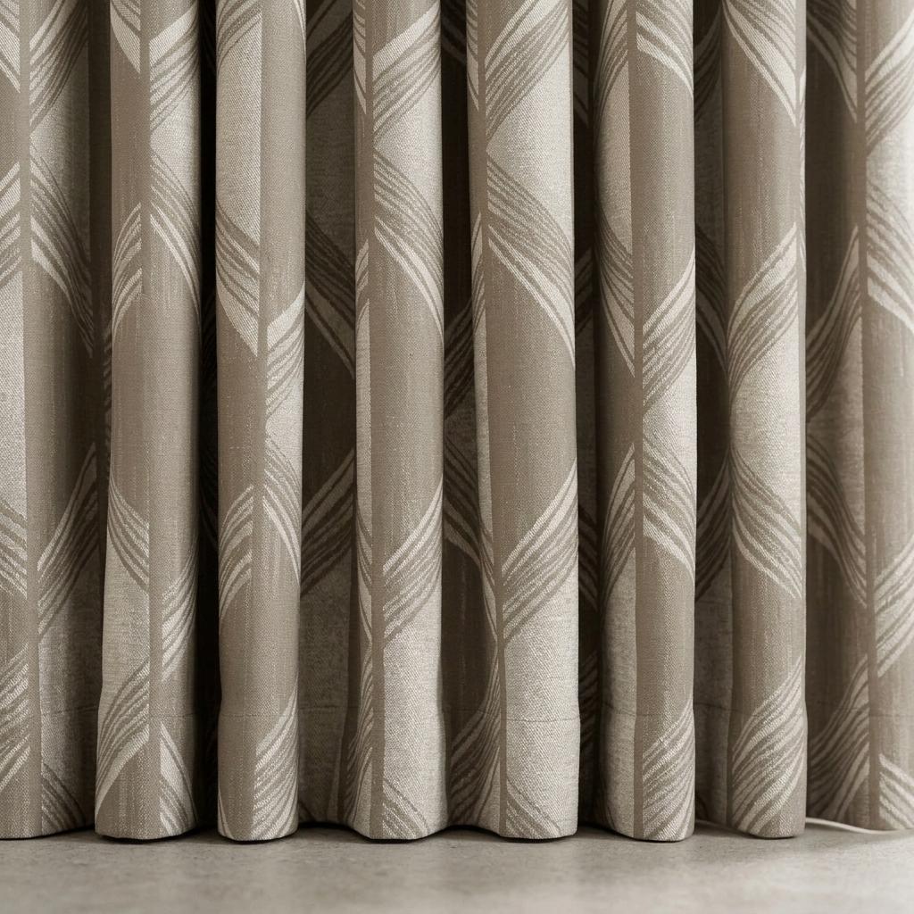 Warm Taupe & Ivory Pure Linen Jacquard Curtains, Art Deco Geometric Chevron Drapes, Custom Extra Long Blackout Panels — image 1