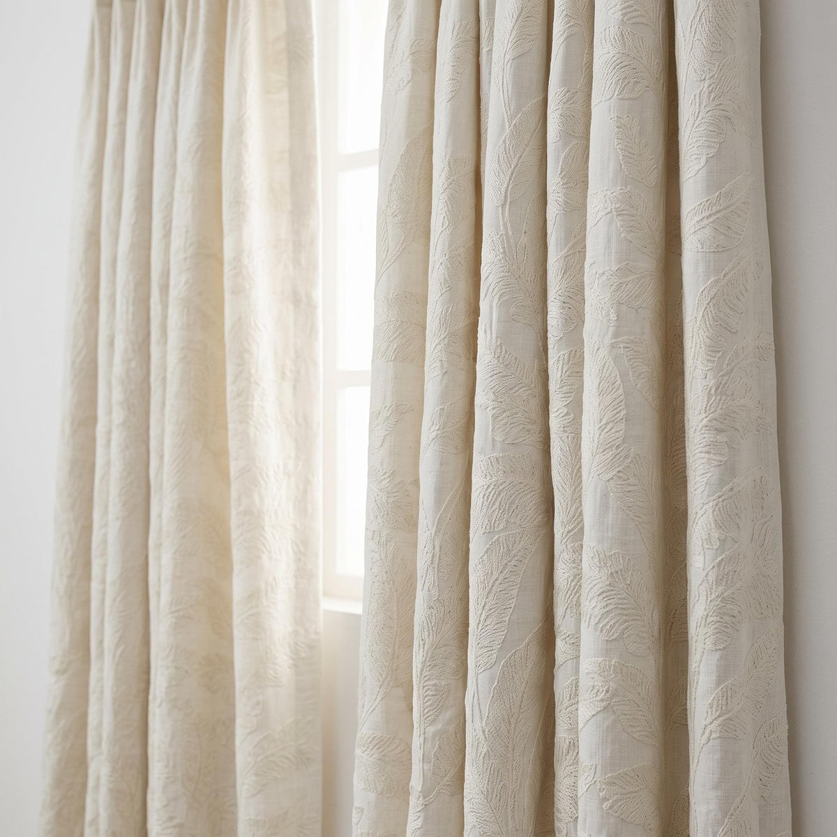 Off White Embroidered Pure Linen Curtains, Ivory Botanical Fern Leaf, Custom Blackout or Light Filtering Drapes — image 4