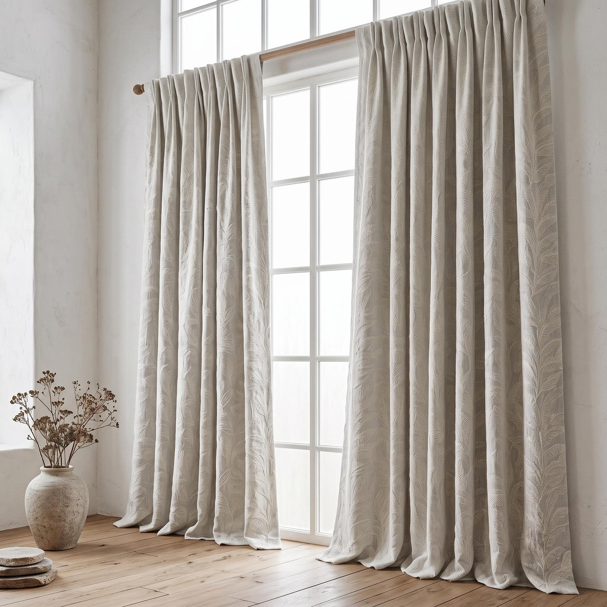 Off White Embroidered Pure Linen Curtains, Ivory Botanical Fern Leaf, Custom Blackout or Light Filtering Drapes — image 6