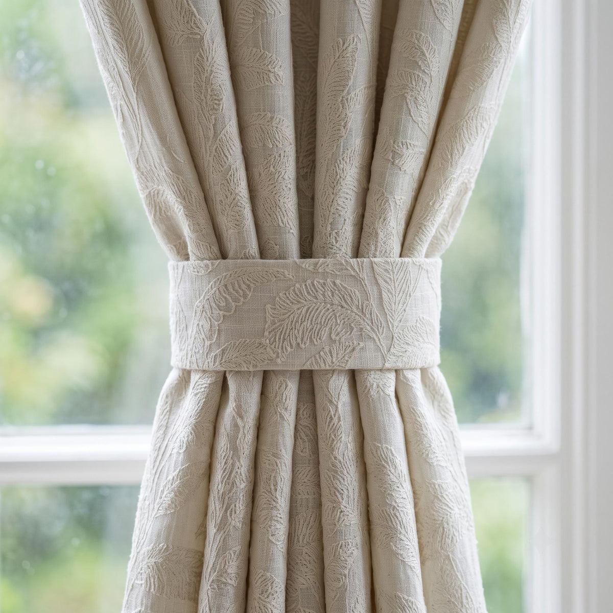Off White Embroidered Pure Linen Curtains, Ivory Botanical Fern Leaf, Custom Blackout or Light Filtering Drapes — image 2