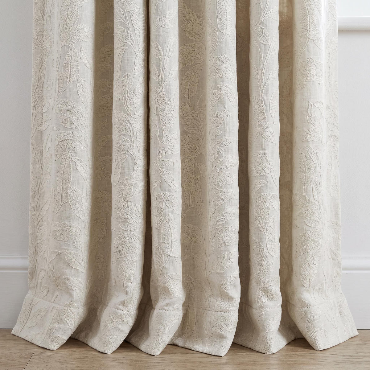 Off White Embroidered Pure Linen Curtains, Ivory Botanical Fern Leaf, Custom Blackout or Light Filtering Drapes — image 3