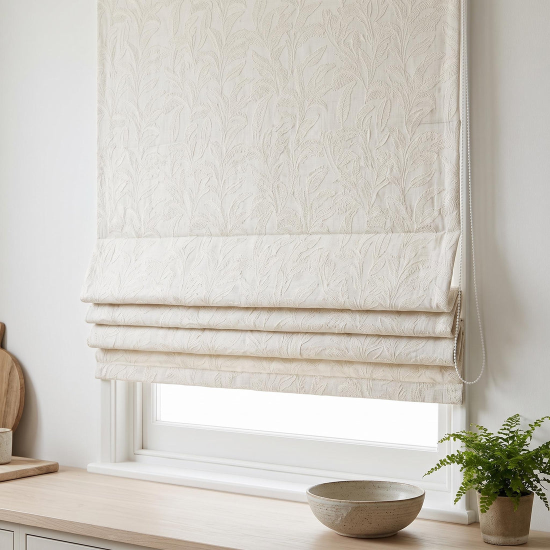 Off-White Embroidered Linen Roman Shade, Ivory Botanical Leaf Blind, Custom Corded Blackout or Light-Filtering — image 1