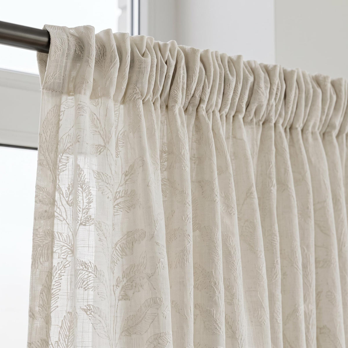 Ivory on Ivory Embroidered Pure Linen Sheer Curtains, Botanical Fern Leaf Drapes, Custom Light Filtering Panels — image 7