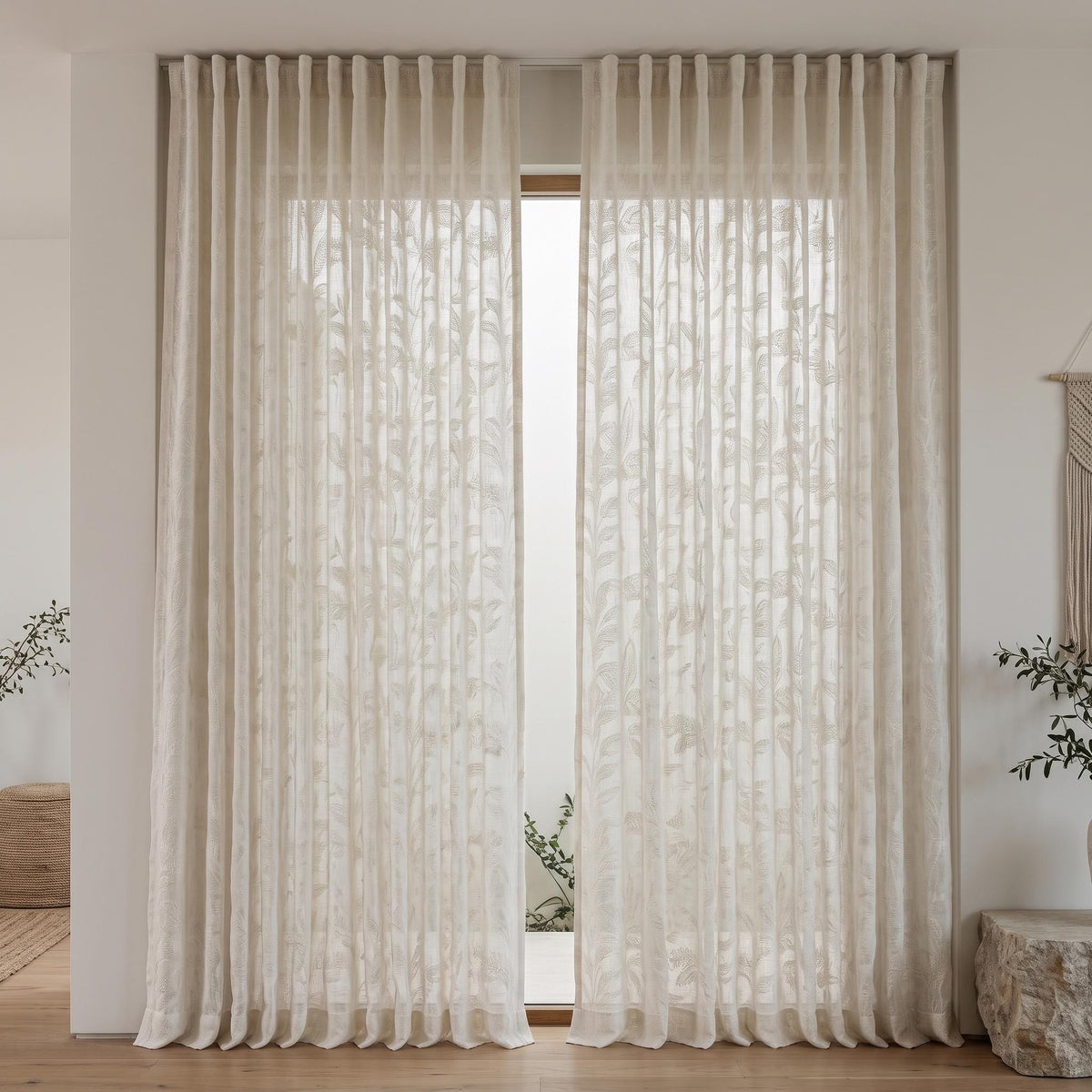 Ivory on Ivory Embroidered Pure Linen Sheer Curtains, Botanical Fern Leaf Drapes, Custom Light Filtering Panels — image 4