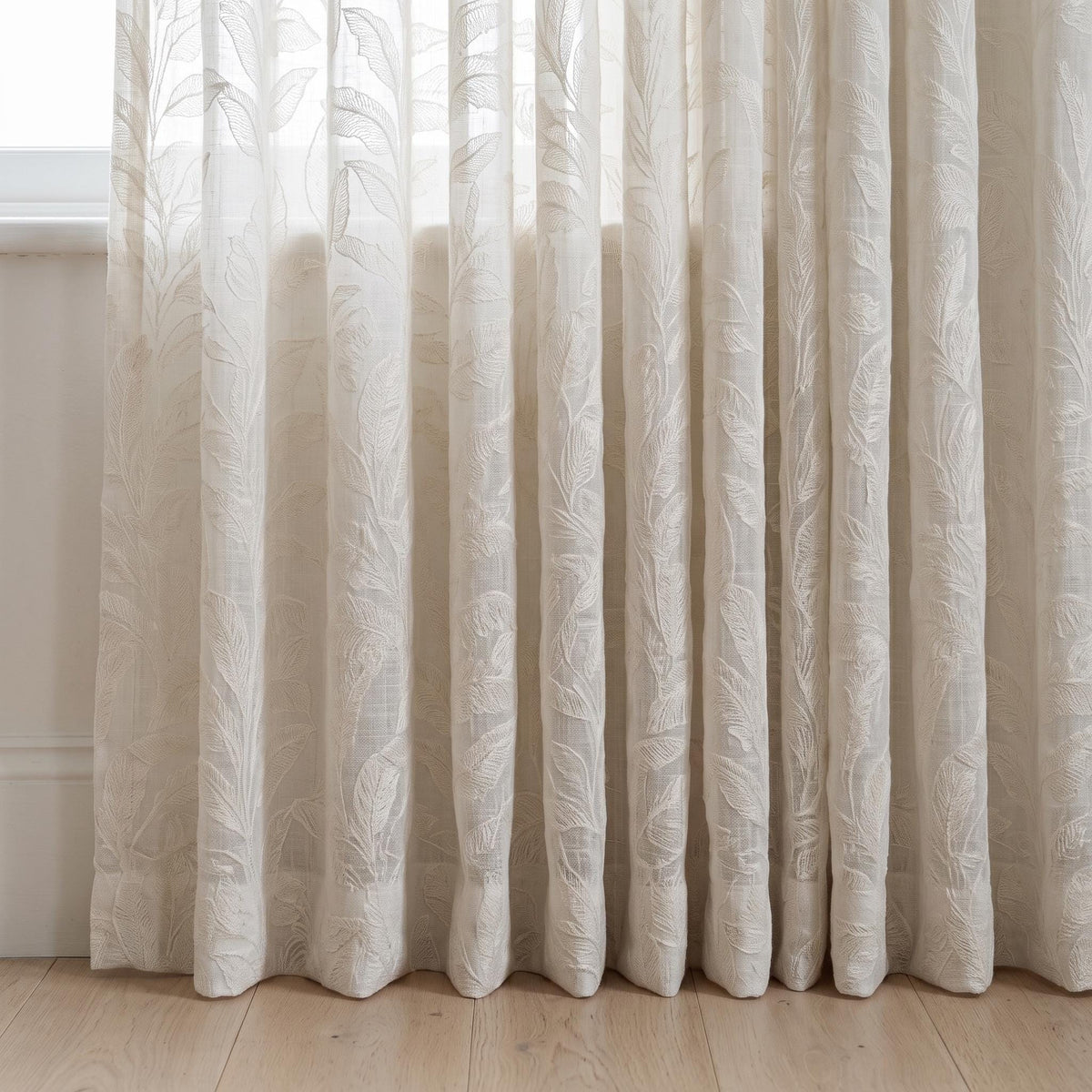 Ivory on Ivory Embroidered Pure Linen Sheer Curtains, Botanical Fern Leaf Drapes, Custom Light Filtering Panels — image 3