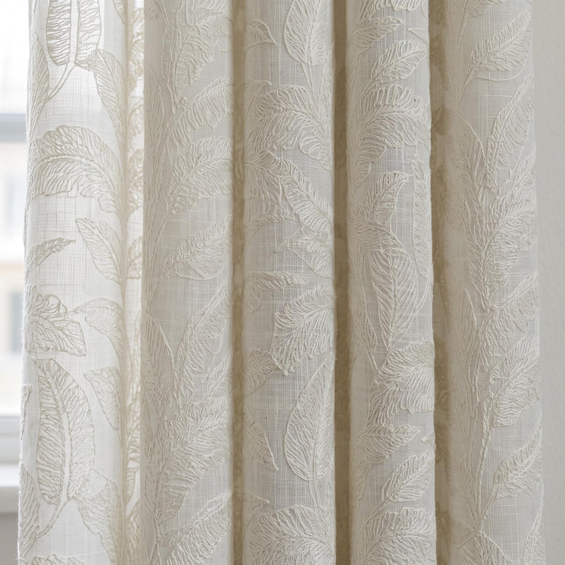 Ivory on Ivory Embroidered Pure Linen Sheer Curtains, Botanical Fern Leaf Drapes, Custom Light Filtering Panels — image 1