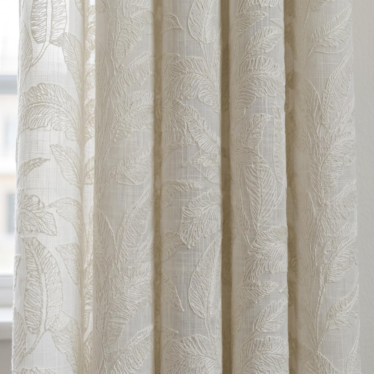 Ivory on Ivory Embroidered Pure Linen Sheer Curtains, Botanical Fern Leaf Drapes, Custom Light Filtering Panels — image 1