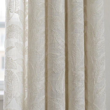 Ivory on Ivory Embroidered Pure Linen Sheer Curtains, Botanical Fern Leaf Drapes, Custom Light Filtering Panels — image 1