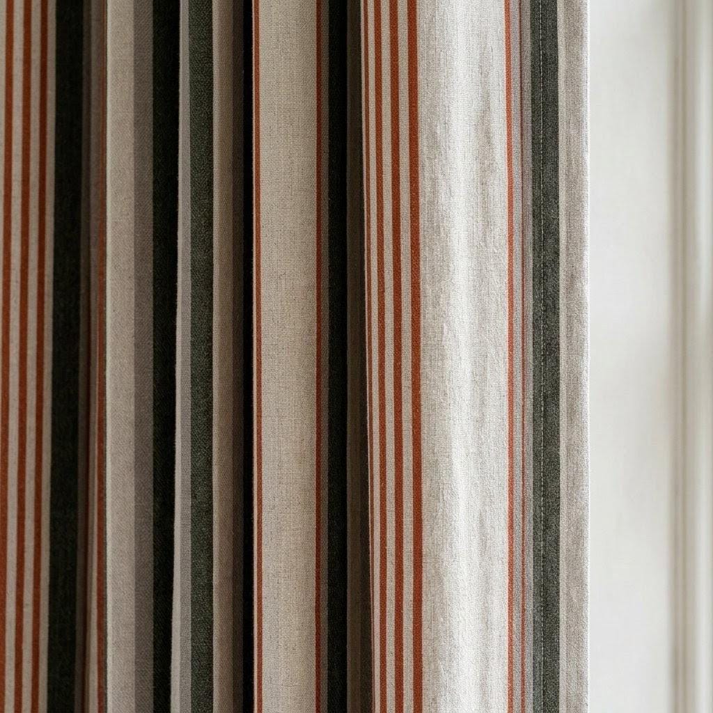 Organic Linen Farmhouse Curtains - Oatmeal Base with Olive and Rust Stripes — image 1