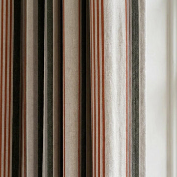 Organic Linen Farmhouse Curtains - Oatmeal Base with Olive and Rust Stripes — image 1