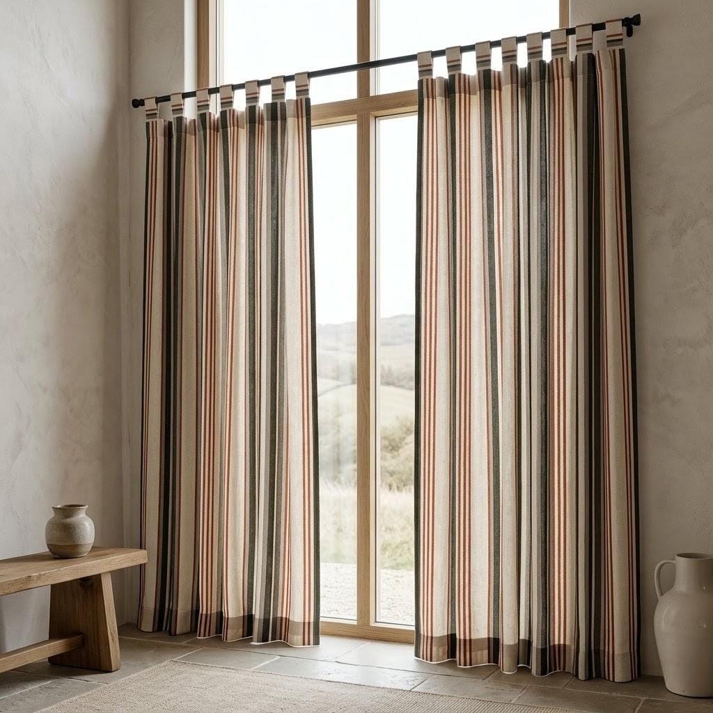 Organic Linen Farmhouse Curtains - Oatmeal Base with Olive and Rust Stripes — image 9