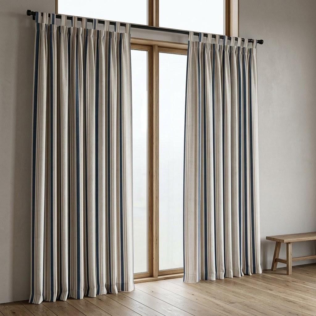 Striped Linen Curtains: Navy & Sand on Ivory (Single or Pair) — image 7