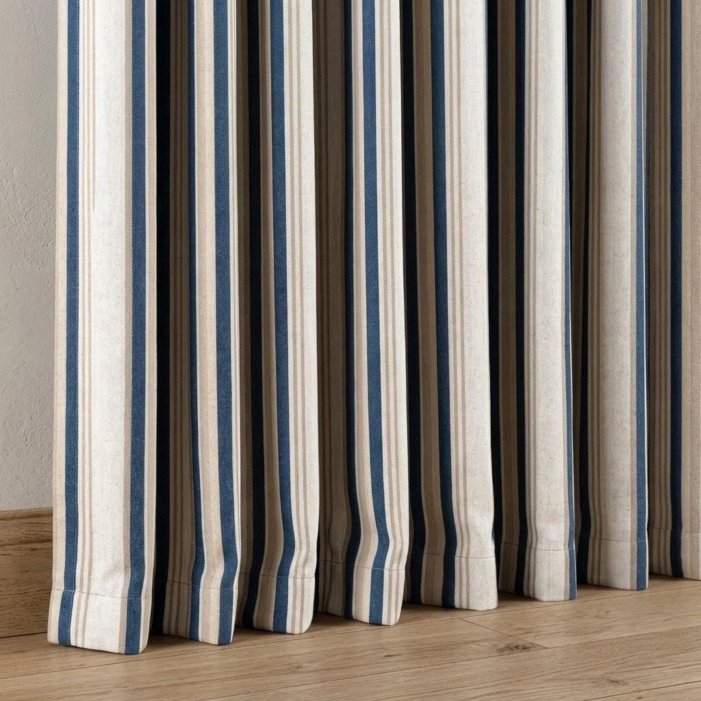 Striped Linen Curtains: Navy & Sand on Ivory (Single or Pair) — image 4
