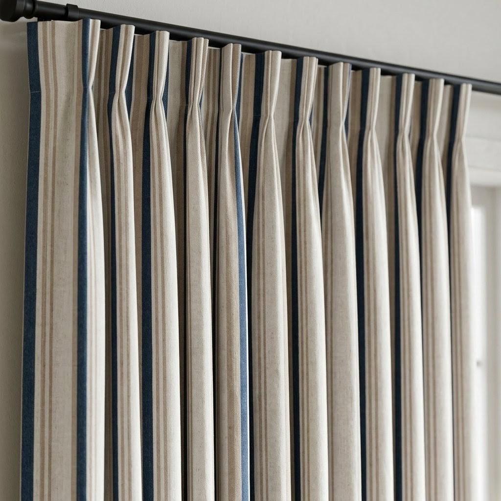Striped Linen Curtains: Navy & Sand on Ivory (Single or Pair) — image 8