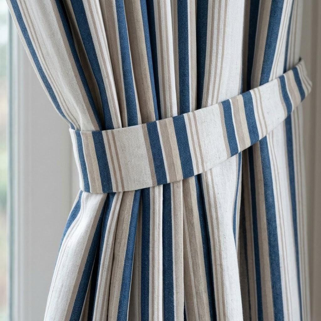 Striped Linen Curtains: Navy & Sand on Ivory (Single or Pair) — image 1