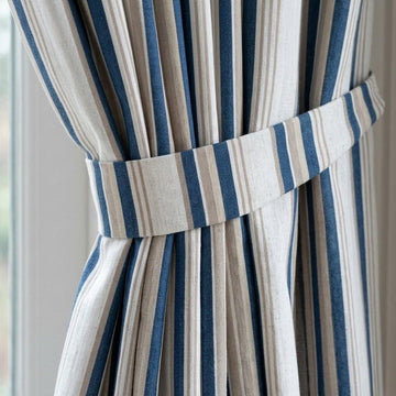 Striped Linen Curtains: Navy & Sand on Ivory (Single or Pair) — image 1