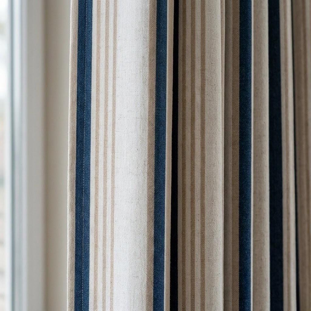 Striped Linen Curtains: Navy & Sand on Ivory (Single or Pair) — image 6
