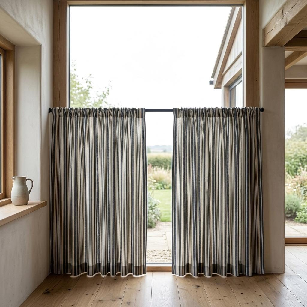 Striped Linen Curtains: Navy & Sand on Ivory (Single or Pair) — image 10