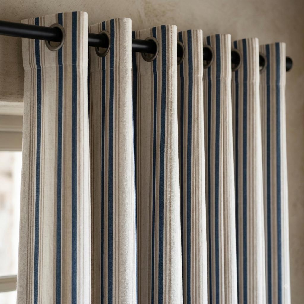 Striped Linen Curtains: Navy & Sand on Ivory (Single or Pair) — image 3