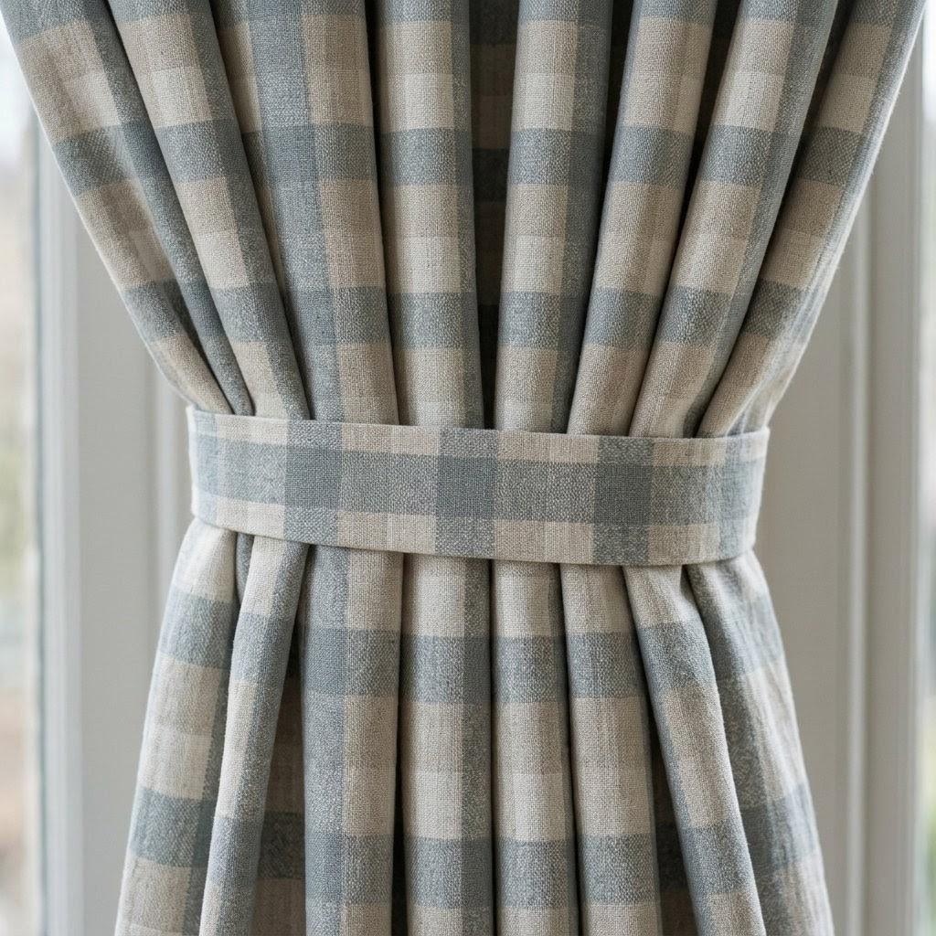 Dusty Blue Grey & Ivory Pure Linen Curtains, Buffalo Check Farmhouse Plaid Drapes, Custom Extra Long Blackout Panels — image 1