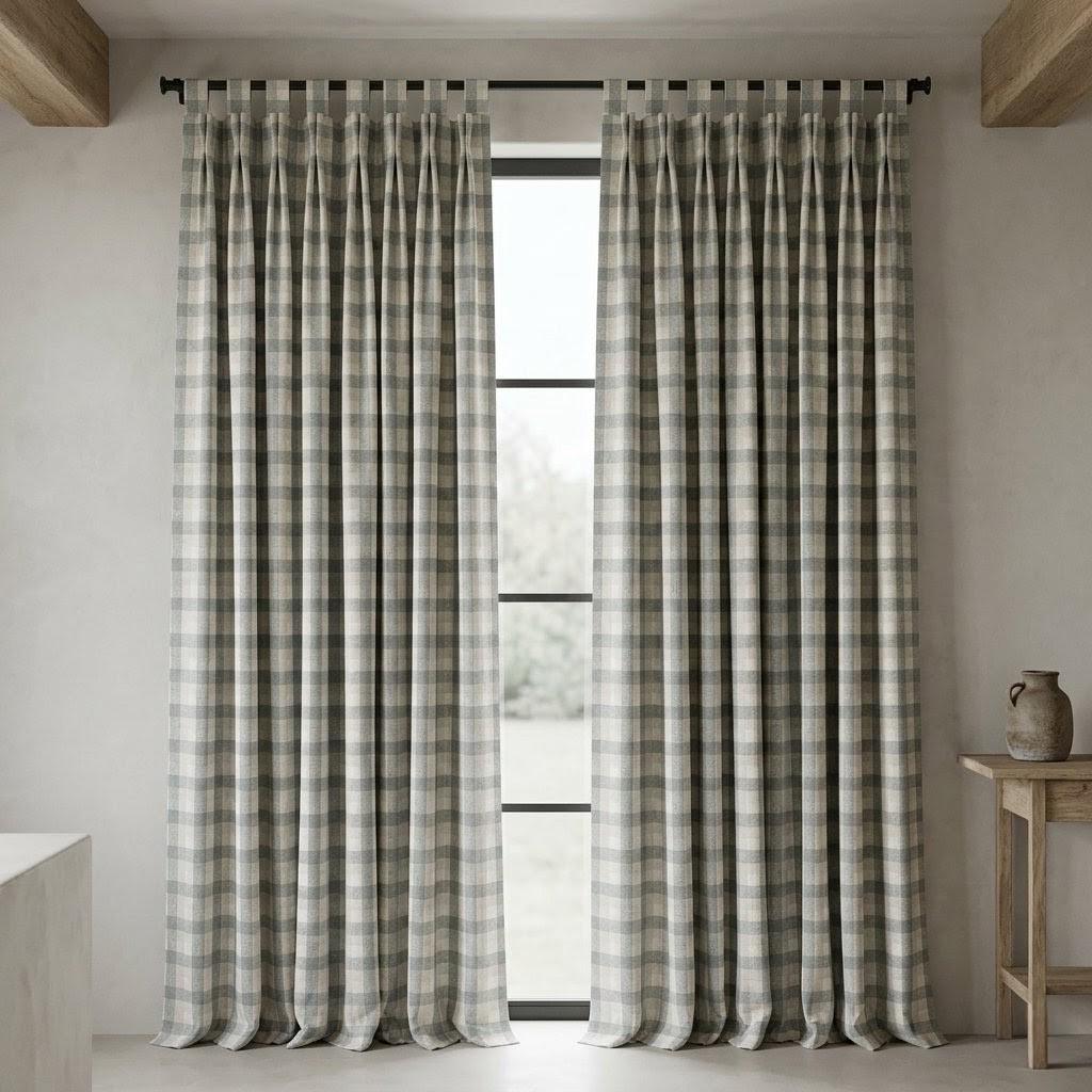 Dusty Blue Grey & Ivory Pure Linen Curtains, Buffalo Check Farmhouse Plaid Drapes, Custom Extra Long Blackout Panels — image 8