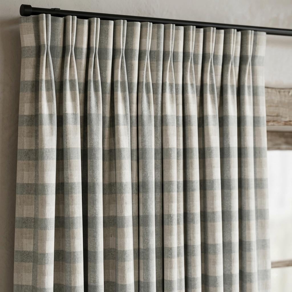 Dusty Blue Grey & Ivory Pure Linen Curtains, Buffalo Check Farmhouse Plaid Drapes, Custom Extra Long Blackout Panels — image 7