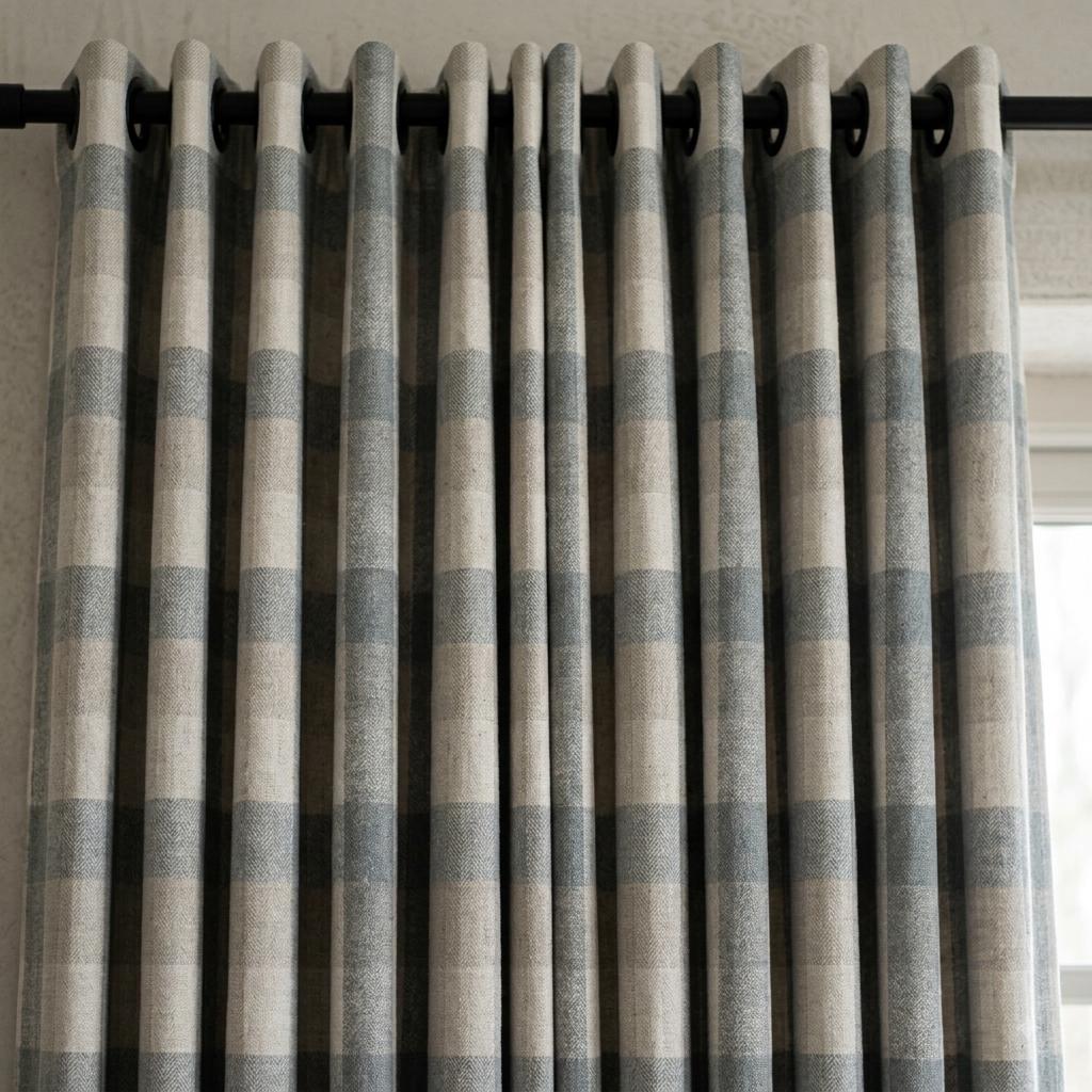 Dusty Blue Grey & Ivory Pure Linen Curtains, Buffalo Check Farmhouse Plaid Drapes, Custom Extra Long Blackout Panels — image 4