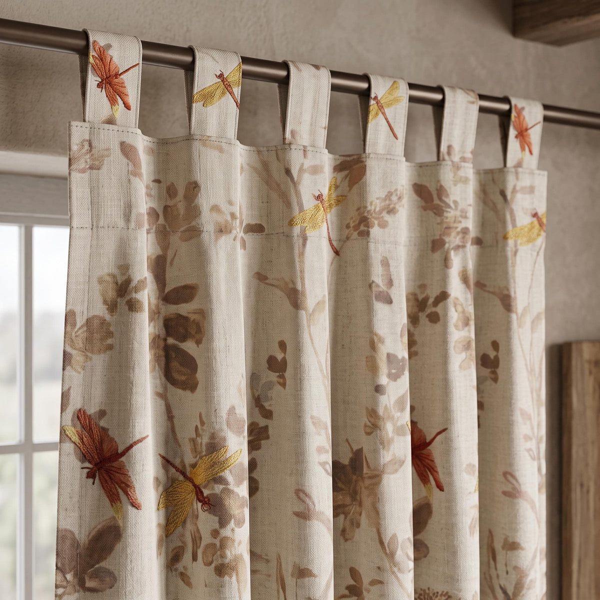 Oatmeal Pure Linen Dragonfly Curtains, Rust Gold Embroidered Botanical Print Drapes, Custom Extra Long Blackout Panels — image 3